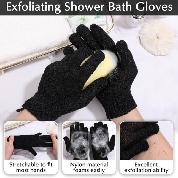 Anezus Exfoliating Back Scrubber Bath Gloves Set, Exfoliating Shower Towel with Shower Gloves for Body Scrub, Back Cleaner Wash Gloves to Remove Dead Skin (Black) - Image 4