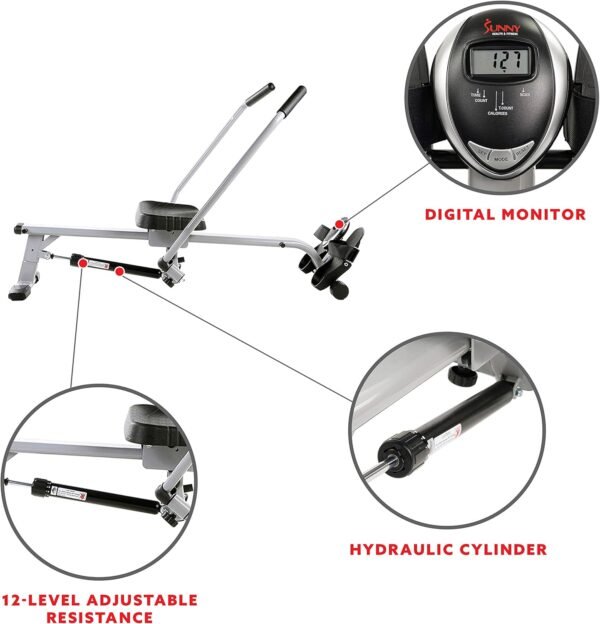 Sunny Health & Fitness Smart Compact Full Motion Rowing Machine, Full-Body Workout, Low-Impact, Extra-Long Rail, 350 LB Weight Capacity and Optional Free SunnyFit® App Enhanced Connectivity - Image 4