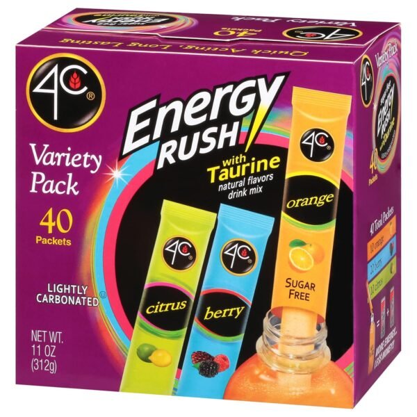 4C Energy Rush Stix, Variety 1 Pack, 40 Count, Single Serve Water Flavoring Packets, Sugar Free with Taurine, On the Go Bundle (20 Berry, 10 Orange, 10 Citrus) - Image 4