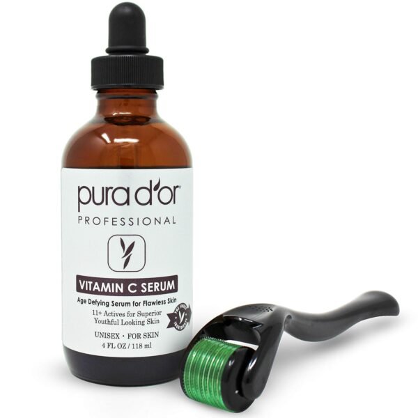 PURA D'OR 25% Vitamin C Serum 4 Oz + 0.25mm Derma Roller Set - Hyaluronic Acid & Retinol Microdermabrasion Skin Care Cosmetic Kit For Face & Eyes, Dark Spots - For Men & Women - Image 2