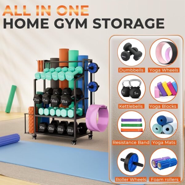 Bonvork 600LBS Dumbbell Rack Weight Stand Heavy Duty Adjustable Weight Rack for Dumbbells, Home Gym Storage for Yoga Mat, Foam Roller, Kettlebells, Workout Equipment Storage Organizer with Wheels - Image 4