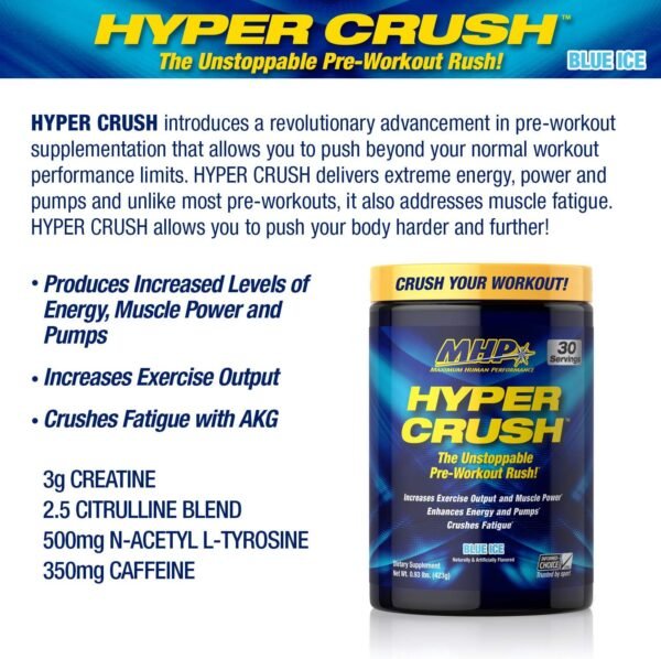 Maximum Human Performance MHP HYPER CRUSH Pre Workout energy drink creatine beta alanine nitric oxide pump citrulline AKG 30 Servings, Blue Ice, 14.88 Ounce - Image 4