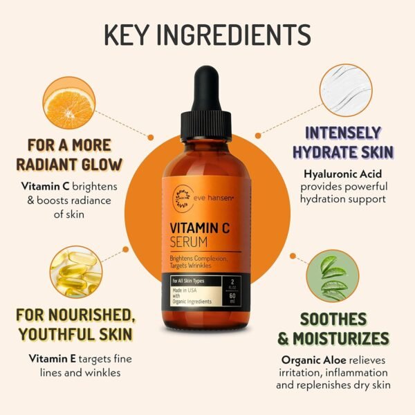 Eve Hansen Vitamin C Facial Serum - 76% Organic Antioxidant Serum for Face with Hyaluronic Acid, Vitamin E, and Aloe Vera - Hydrating and Rejuvenating Skin Care 2 Oz - Image 4