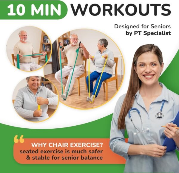 Chair Exercises for Seniors - Two Resistance Bands, Handles, and Printed Exercise Guide. Adjustable Fitness Equipment for Seniors, Elderly Home. Occupational & Physical Therapy Aids - Image 5