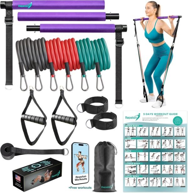Pilates Bar Kit with Resistance Bands - Home Gym Equipment - Workout Equipment for Women and Men - Pilates Equipment with Adjustable Resistance Bands - Image 2