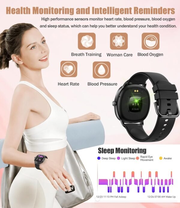 Women's Smart Bracelet/Smart Watch, 1.72-inch Display, IP68 Waterproof Sport Bracelet, One-Touch Bluetooth Calling, Fitness Tracker with Health Monitor (Black) - Image 4