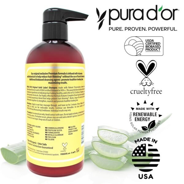 PURA D'OR 16 Oz Original Gold Label Anti-Thinning Biotin Shampoo Natural Earthy Scent, CLINICALLY TESTED Effective Results, Herbal DHT Blocker Hair Thickening Products, Women & Men, Color Treated Hair - Image 8