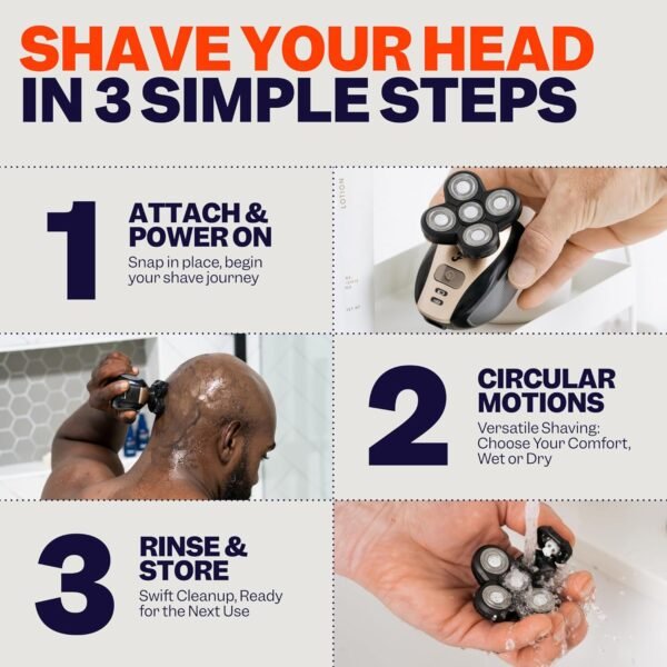 The FlexSeries Electric Head Hair Shaver - Freebird - Ultimate Mens Cordless Rechargeable Wet/Dry Skull & Bald Head Waterproof Razor with Rotary Blades, Clippers, Nose Trimmer, Brush, Massager - Image 7