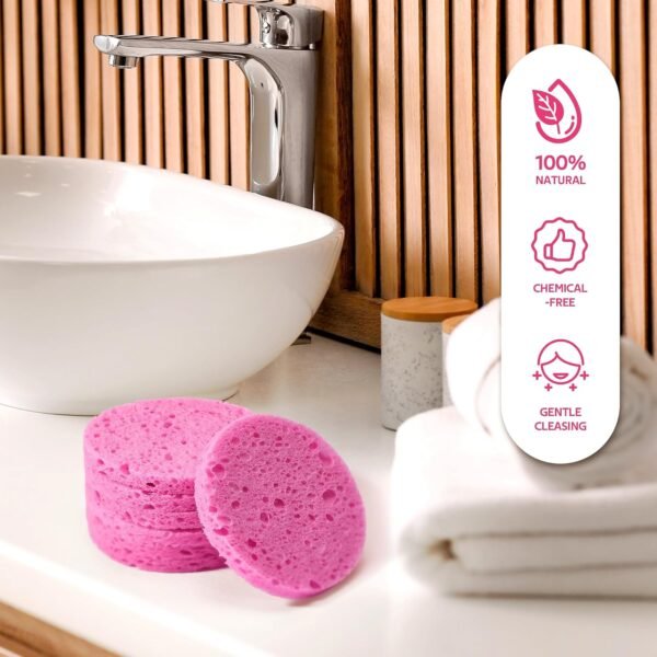 50-Count Compressed Facial Sponges for Daily Facial Cleansing and Exfoliating, 100％ Natural Cosmetic Spa Sponges for Makeup Remover, Reusable, Pink - Image 8