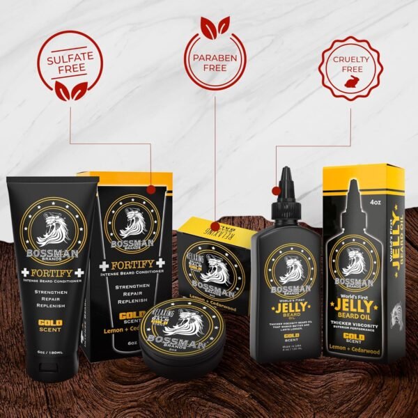 Bossman Essentials Beard Kit for Men - Beard Oil Jelly, Fortifying Conditioner Cream, Beard Balm - Grooming Growth Care Accessories (Gold) - Image 5