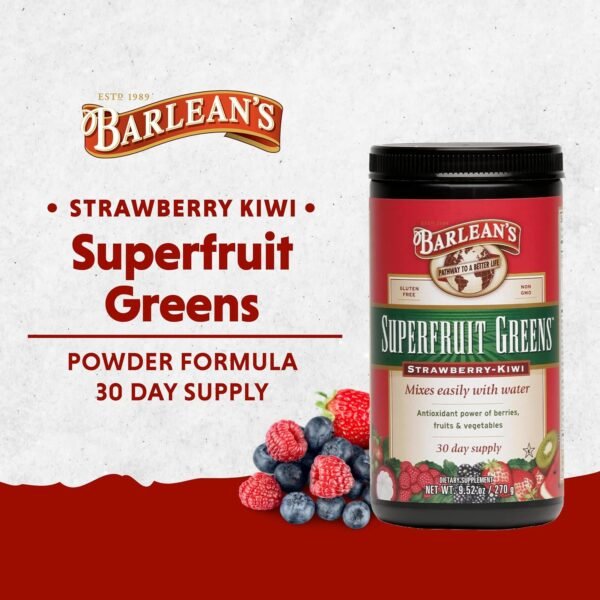 Barlean's Strawberry Kiwi Superfruit Greens Powder, Daily Fruits and Veggies Superfood Supplement, Green Antioxidant Blend and Fiber Super Power Smoothie Mix, 9.52 oz - Image 3