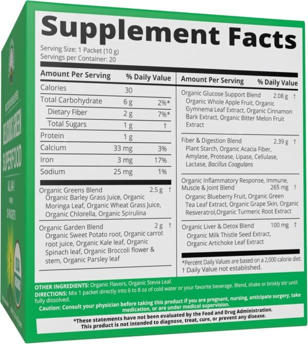 Peak Performance Organic Greens Superfood Powder Single Serve Travel Packets. Best Tasting Organic Green Juice Super Food with 25+ All Natural Ingredients for Max Energy. (20 Pack) - Image 7