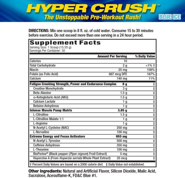 Maximum Human Performance MHP HYPER CRUSH Pre Workout energy drink creatine beta alanine nitric oxide pump citrulline AKG 30 Servings, Blue Ice, 14.88 Ounce - Image 3