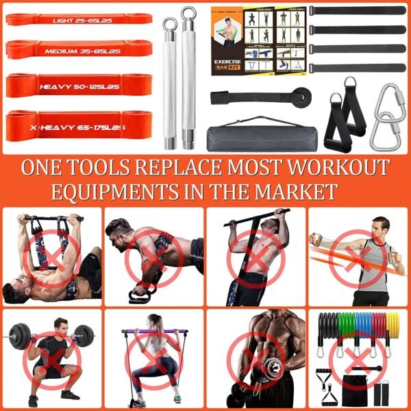 Portable Extra Heavy Home Gym Resistance Band Bar Set with 4 Stackable Resistance Bands,Detachable Full Body Workout Equipment Exercise Bar Kit,500LBS Longer Bar with Bands,Workout Guide Included - Image 5