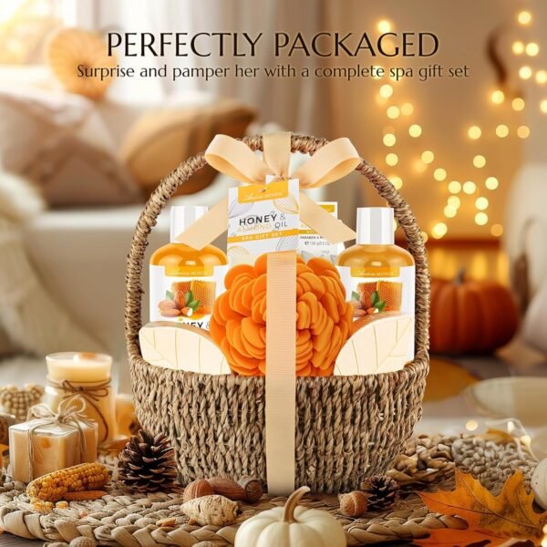 Bath Spa Gift Basket, Bath & Body Gift Set for Women & Men, Includes Shower Gel, Bubble Bath, Bath Salt, Bath Sponge, Spa Gift Box for Mother's Day, Birthday, Wedding, Honey & Almond 8pcs - Image 6