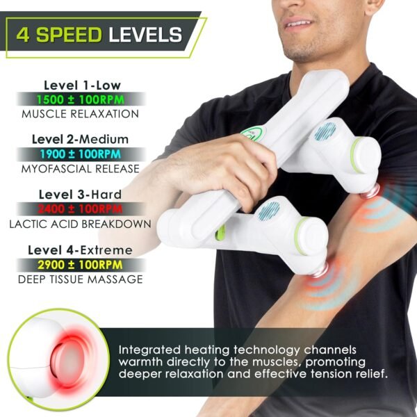 ProsourceFit Dual Pro Percussion Massage Gun, 6 Attachable Pieces for Deep Tissue Relief, Muscle Massager Gun with 4 Speed Levels, Adjustable Handles for Back Massage, and Quiet Portable Relief, White - Image 4
