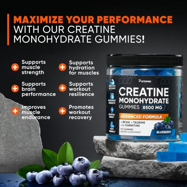 Creatine Monohydrate Gummies 8500mg Complex for Men & Women, Preworkout Gummy with L-Carnitine, BCAA, Taurine for Muscle Growth, Strength & Energy Support, Sugar Free, Vegan,Blueberry Flavor,120 Count - Image 4