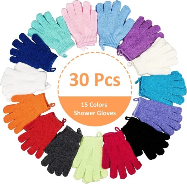 30 Pcs Exfoliating Gloves for Shower, 15 Colors Body Exfoliator Glove with Hanging Loop, Scrub Exfoliate Glove Mitt Bath Face Spa Hand Scrubber Wash Deep Scrubbing Dead Skin for Women Men, by Aisuly - Image 3