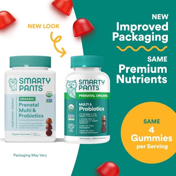 SmartyPants Organic Prenatal Vitamins for Women, Multivitamin Gummies: Probiotics, Biotin, Methylfolate, Omega 3 (ALA), Vitamin D3, C, Vitamin B12, B6, A, K2 & Zinc, Choline, 120 Count (30 Day Supply) - Image 3