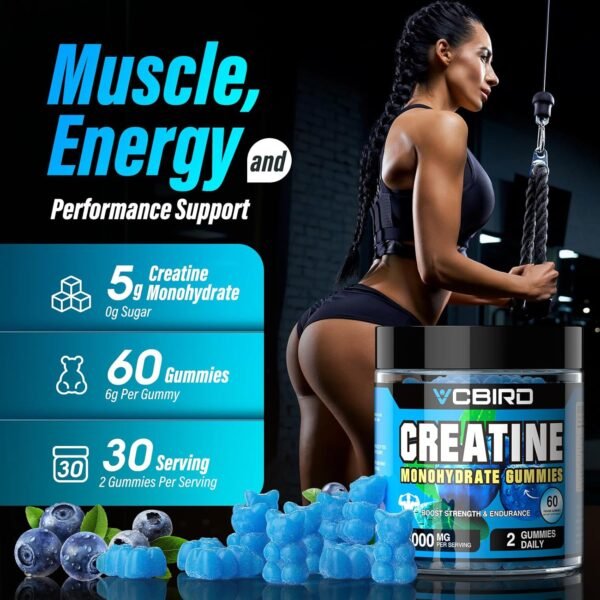 Creatine Monohydrate Gummies 5g Per Serving, No Sugar Creatine Supplements Support for Strength, Performance, Energy, Recovery, Gluten-Free Creatine for Women and Men, Blueberry Flavor (60 Gummies) - Image 6