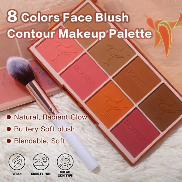 8 Colors Face Matte Blush Palette Shading Blusher with Brush - Buildable Facial Cheek Blusher Contour Bronzing Pressed Powder Makeup Pallet Women Gift Set (01 Matte) - Image 3