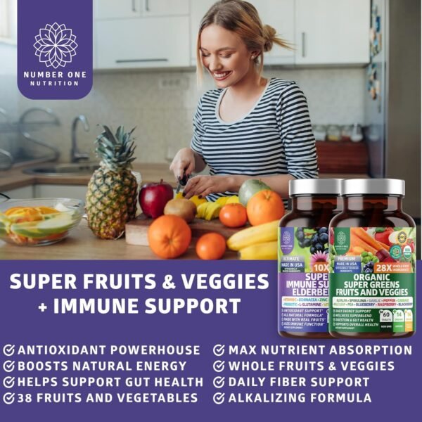 N1N Premium Organic Super Fruits & Veggies + Immune Support [38 Powerful Ingredients], Natural Super Greens Supplement with Alfalfa, Vitamins & Minerals, Zinc, Turmeric and Probiotic, 120 Caps - Image 7