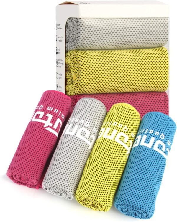 Futone Cooling Towel, Gym Towels, Workout Towels, Cooling Neck Wrap Scarf, Compact Sports Towels for Men Women, Cooling Face Mask Cover, 40" x 12," 4 PCS (Red, Blue, Yellow, Gray) - Image 2