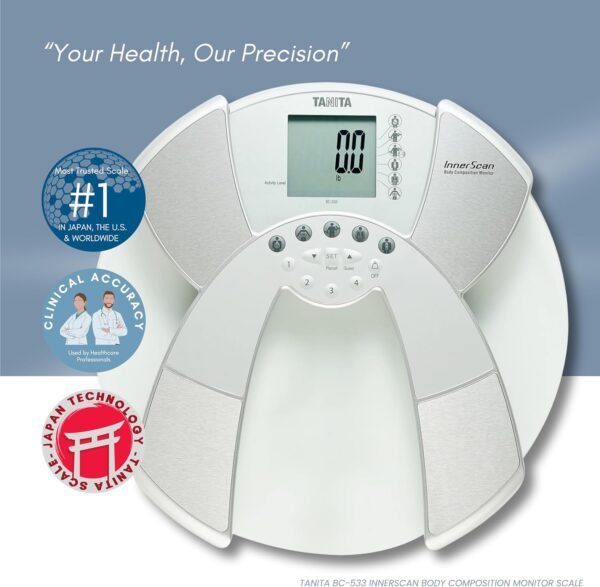Tanita BC-533 Digital Bathroom Scale - Japan Technology Clear Glass Smart Innerscan Body Composition Monitor, Measures Weight, Body Fat, Muscle Mass, BMI, Bone Mass, Visceral Fat - FSA/HSA Eligible - Image 4