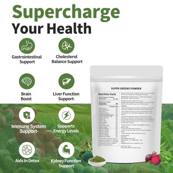 Hudetex Greens Powder Superfood for Immune Support with 16 oz，Greens Powder Smoothie Mix with Chlorella, Barley Grass, Kale & Beetroot Smoothie Booster, Chlorophyll Providing Greens. - Image 3