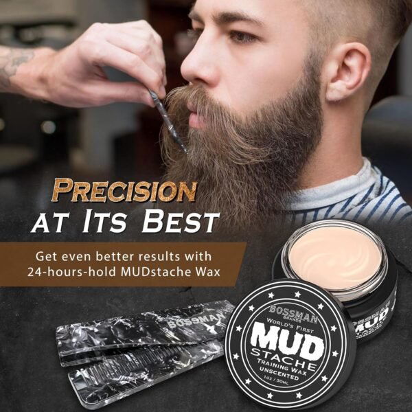 Bossman MUDstache Unscented Mustache Wax for Men & Acetate Folding Comb - Styling and Grooming Combo - Image 3