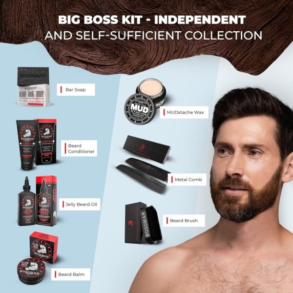 Bossman Big Boss Beard Care Kit for Men - 7 Piece Beard Grooming Kit with Jelly Beard Oil, Beard Conditioner, Beard Balm, MUDstache Wax, Bar Soap, Metal Comb, Brush - Mustache Kit (Hammer) - Image 4