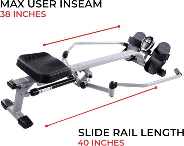 Sunny Health & Fitness Smart Compact Full Motion Rowing Machine, Full-Body Workout, Low-Impact, Extra-Long Rail, 350 LB Weight Capacity and Optional Free SunnyFit® App Enhanced Connectivity - Image 15
