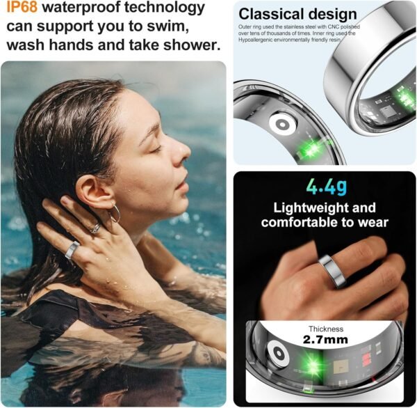 Smart Ring, Heart Rate/Sleep/Blood Oxygen Monitoring, Step Count, Wearable Fitness Tracker, APP Bluetooth Connected, IP68 Waterproof,Silver (Size 9) - Image 7