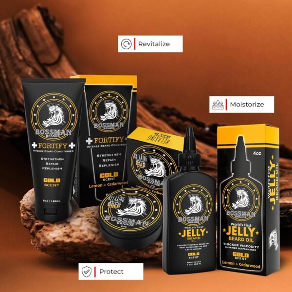 Bossman Essentials Beard Kit for Men - Beard Oil Jelly, Fortifying Conditioner Cream, Beard Balm - Grooming Growth Care Accessories (Gold) - Image 4