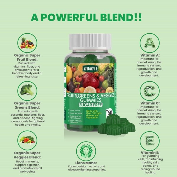 Sugar-Free Fruit and Veggie Gummies — 35+ Greens, Fruit and Vegetable Vitamins to Boost Immunity, Skin & Gut Health — Ideal Fruit and Vegetable Supplement for Adults & Kids (60 Gummies) - Image 5