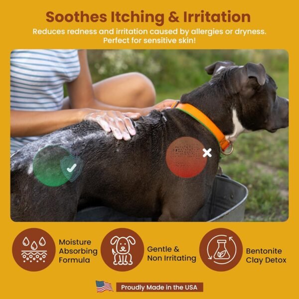 Dog Coat Care Powder | Made in USA | Waterless Dry Shampoo & Deodorizer for Smelly Dogs, Anti-Itch Relief for Dry Itchy Skin, No Rinse Formula with Lavender Oil & Bentonite Clay - Image 6