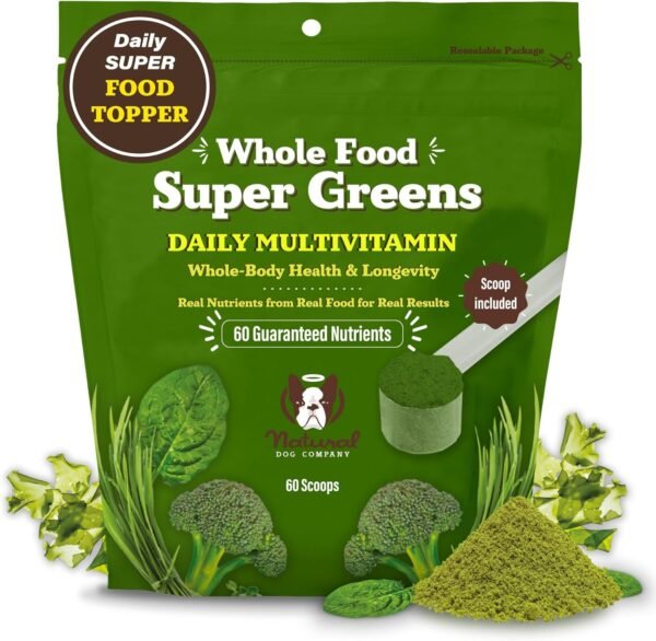Natural Dog Company Dog Food Topper, Super Greens Dog Multivitamin Powder, Dog Vitamins and Supplements, Boost Immunity & Digestion, Dog Wellness Granules, Nutrient-Rich Food Topper for Dogs, 8 oz - Image 2