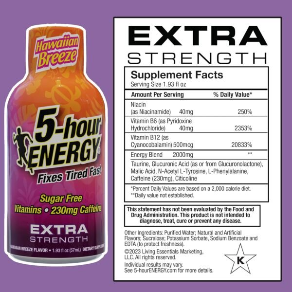 5-hour ENERGY Extra Strength Energy Shot, Hawaiian Breeze Flavor (1.93 oz. - 24 Count) Zero Calories & Sugar-Free 230 mg Caffeinated Energy Shot, Amino Acids & B Vitamins, Dietary Supplements - Image 8