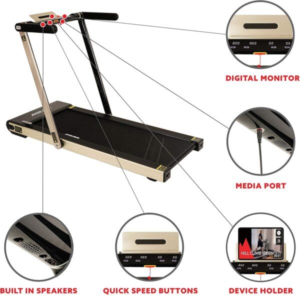 Sunny Health & Fitness Slim Foldable Treadmill Fully Assembled, 17.7" x 49" Non-Slip Running Surface, 2.5 HP Motor, Speeds up to 8 MPH, Shock-Absorption, Device Holder, Digital Monitor, & Easy Storage - Image 4