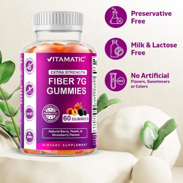 Vitamatic 2 Pack Prebiotic Fiber Gummies for Adults - 7G Fiber Extra Strength - Zero Sugar Added - 60 Pectin Based Gummies - Digestive Health & Regularity Support, (Total 120 Count) - Image 5