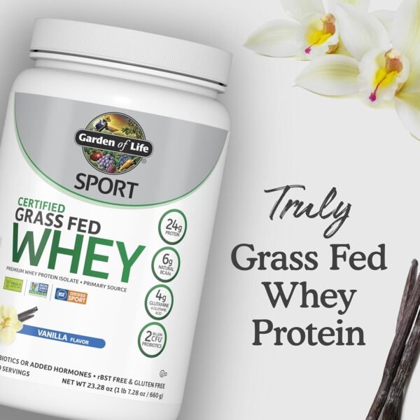 Garden of Life SPORT Whey Protein Powder Vanilla., Premium Grass Fed Whey Protein Isolate plus Probiotics for Immune System Health, 24g Protein, Non GMO, Gluten Free., Cold Processed - 20 Servings - Image 9
