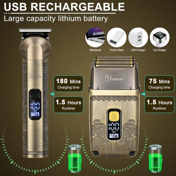 Hatteker Professional Hair Clipper Electric Razor Foil Shavers for Men Body Nose Ear Hair Grooming Kit with Triple Blades Cordless Waterproof - Image 5