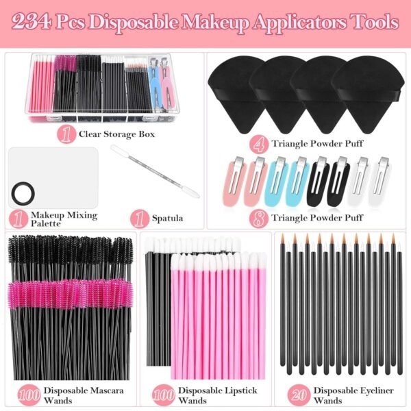 Disposable Makeup Applicators Kit with Triangle Puff Mixing Palette, Artist Supplies Disposable Mascara Wands, Lip Brushes, Hair Clips Powder Puffs for Face with Storage Box - Image 3