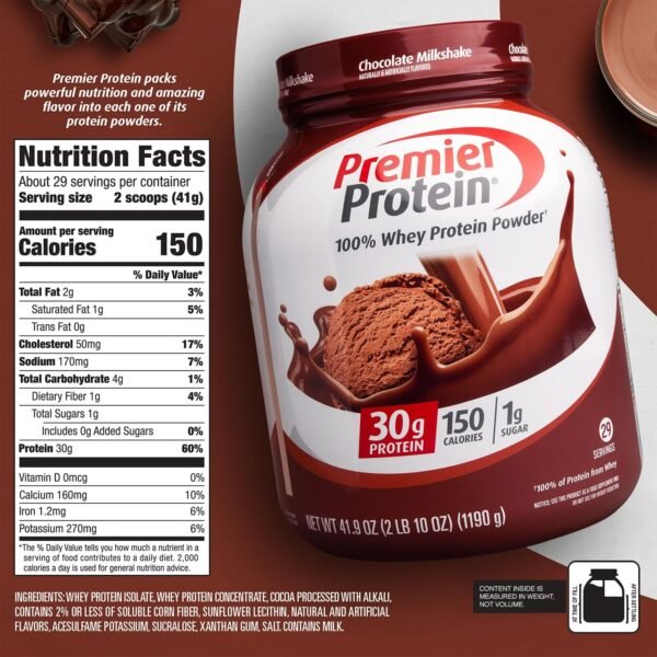 Premier Protein Protein Powder, 30g Protein, 1g Sugar, No Soy Ingredients, Gluten Free, Chocolate Milkshake, 29 Servings, 41.9oz - Image 5
