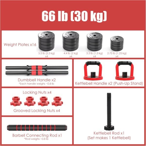 NEW Adjustable Dumbbells/Barbell/Kettlebell/Push-Up Stand - 22lb/33lb/44lb/66lb/88lb, 10kg/15kg/20kg/30kg/40kg - Home Gym Equipment for Men and Women - Image 3