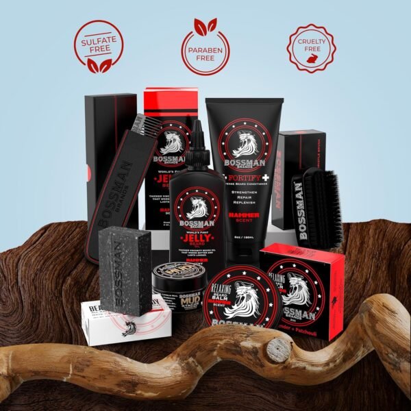 Bossman Big Boss Beard Care Kit for Men - 7 Piece Beard Grooming Kit with Jelly Beard Oil, Beard Conditioner, Beard Balm, MUDstache Wax, Bar Soap, Metal Comb, Brush - Mustache Kit (Hammer) - Image 3