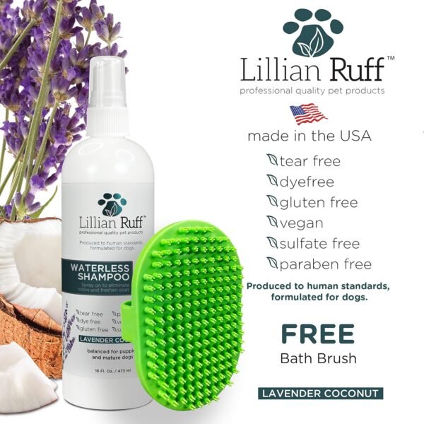 Lillian Ruff Waterless No-Rinse Dog Dry Shampoo Spray with Hydrating Essential Oils - pH-Balanced Dry Shampoo for Dogs - Clean, Condition, Detangle & Deodorize Dry, Sensitive Skin (16oz/Brush) - Image 3