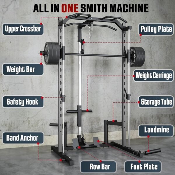 OPPSDECOR Smith Machine with LAT Pulldown, Power Cage for Home, Multi-Function Power Rack with Cable Pulley System, Squat Rack with Pull-up Bar, J-Hooks, More Training Attachment for Home Gym - Image 3