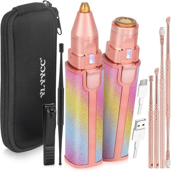 Facial Hair Removal for Women, Electric 2 in 1 Face Shaver and Eyebrow Trimmer, Ear Wax Removal Tool with Storage Box, Rechargeable Nose Hair Trimmer for Women with Built-in LED Light - Image 2