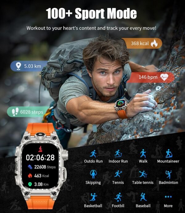 LIGE Military Smart Watch for Men, 2.01" LED Flashlight Rugged Smartwatch, 100+ Sports Fitness Tracker Watch, 700mAh Long Battery/Sleep/IP68 Waterproof Smart Watch for Android iPhone Compatible - Image 4